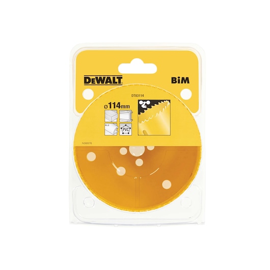 DEWALT DT83114 114mm yellow hole saw blade in packaging for cutting aluminum and PVC.