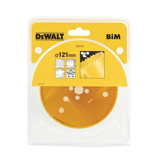DEWALT BiM hole saw DT83121, 121mm diameter, for cutting wood, aluminum, PVC. Packaged in clear plastic.