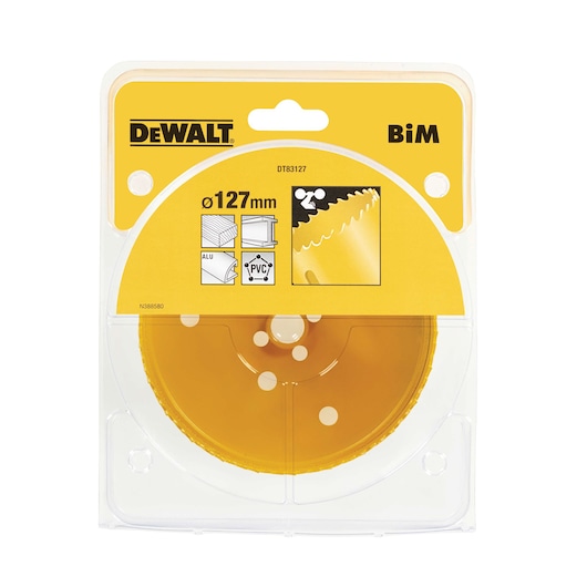 DEWALT DT83127 BiM holesaw blade, 127mm diameter, for cutting metal, wood, aluminum, and PVC, in retail packaging.