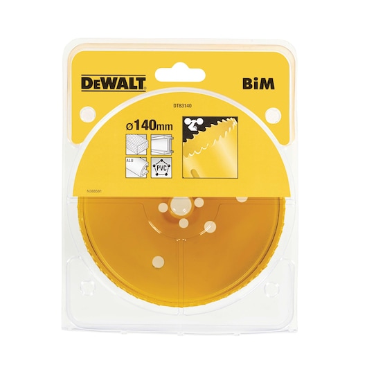 DEWALT DT83140 140mm saw blade in yellow packaging for cutting metal, aluminum, and PVC.