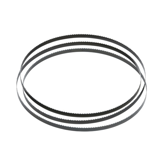 Three DEWALT metal bandsaw blades arranged in a circular shape on a white background.