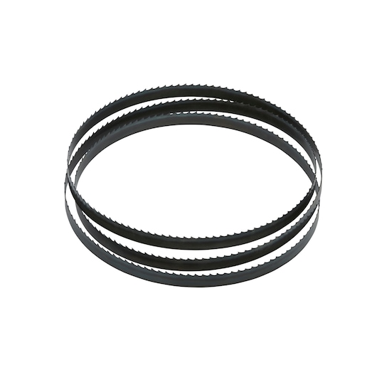 DEWALT DT8481 band saw blade with sharp teeth, coiled in a circle, used for cutting materials.