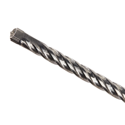 Close-up of a DEWALT steel masonry drill bit with spiral flutes and chisel tip.