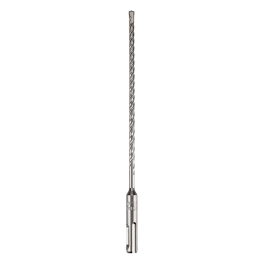 Long metal drill bit with spiral fluting and SDS shank for masonry, shown vertically on white background.