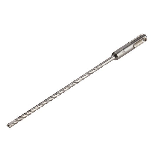 A DEWALT SDS-plus masonry drill bit, long and slim with a twisted design, used for drilling into concrete or stone.