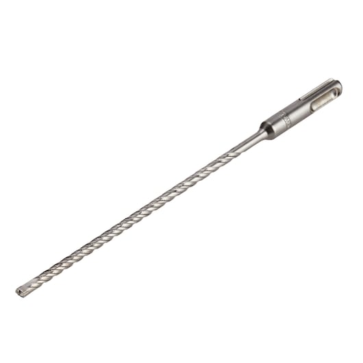 A single long and thin metal masonry drill bit with a spiral fluted shaft and an SDS-Plus shank, shown isolated on a white background.