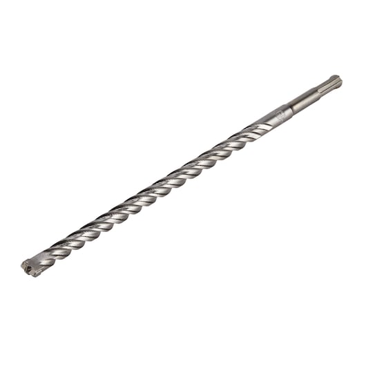 A long, metallic SDS rotary hammer drill bit with a spiral fluted design, shown against a white background.