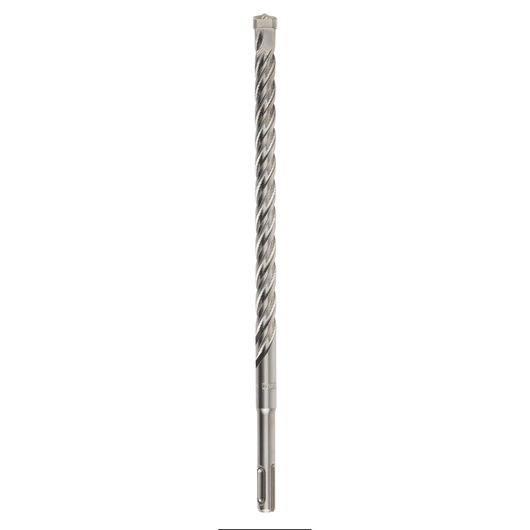 Long silver DEWALT masonry drill bit with spiral design for concrete and stone drilling.