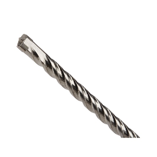 Close-up of a metallic drill bit with spiral fluting, shown against a white background.