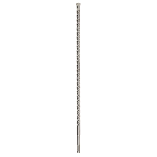 A long, metal rotary hammer drill bit with a spiral design, shown vertically against a white background.
