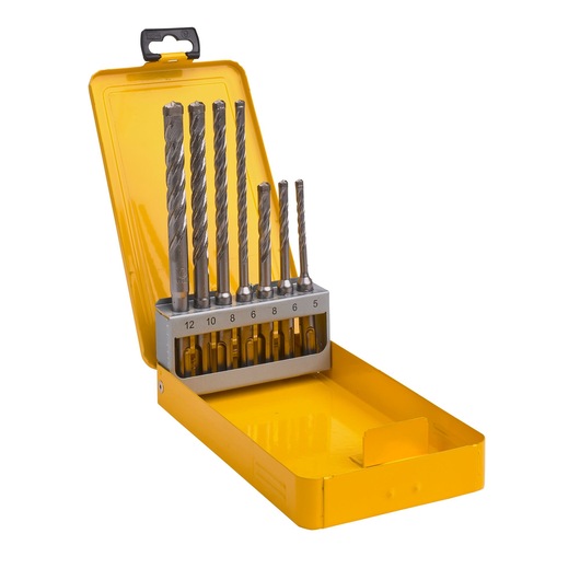 Yellow DEWALT box with assorted drill bits in holder, sizes labeled 5 to 12, lid open.