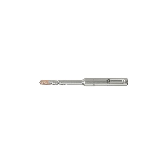 Single DEWALT SDS drill bit for masonry, silver, with spiral flutes and flat shank, isolated on white.