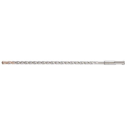 A long, silver masonry drill bit with a spiral design, shown on a plain white background.