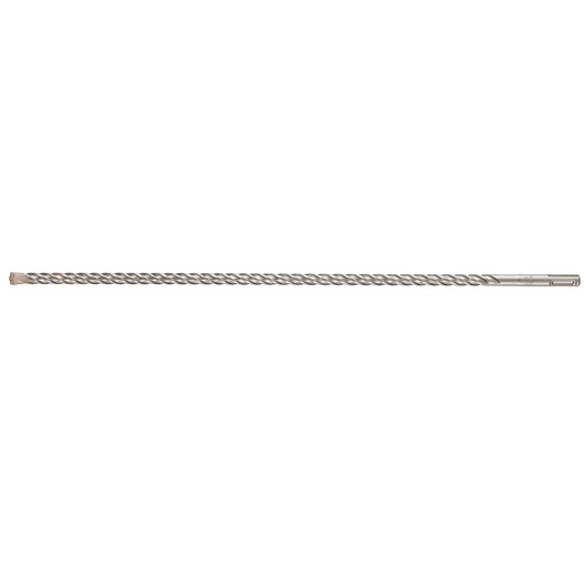 Long, spiral metal drill bit for masonry, photographed on a white background.