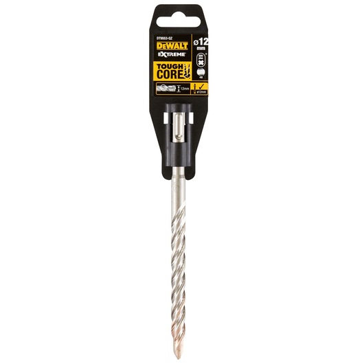 DEWALT DT9553 12mm tough core masonry drill bit in packaging, showing spiral design and product branding.