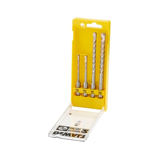 DEWALT DT9700 set with four masonry drill bits in a yellow plastic case, displayed upright with open lid.
