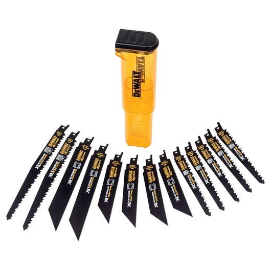 DEWALT set with 13 black reciprocating saw blades and yellow storage case, displayed in a row.