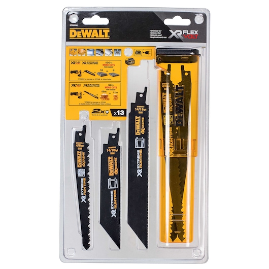 DEWALT DT99550 saw blade set in packaging, includes multiple blades and a storage case.