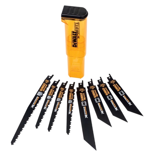 DEWALT DT99551 set with 8 black saw blades and a yellow storage case for reciprocating saws.