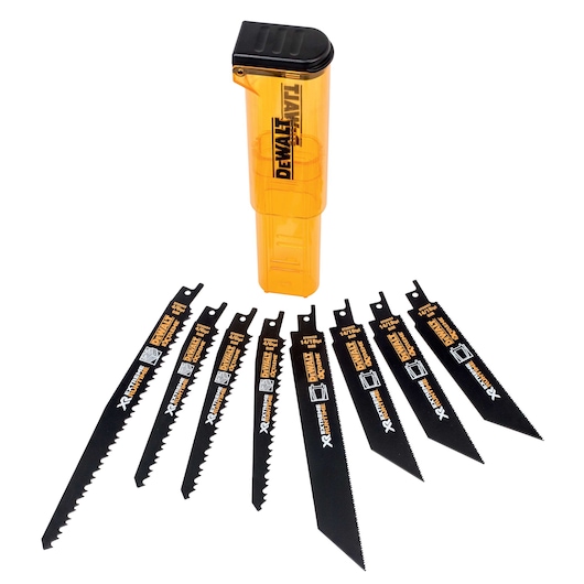DEWALT DT99551 set with eight black saw blades and an orange storage case, arranged on a white background.