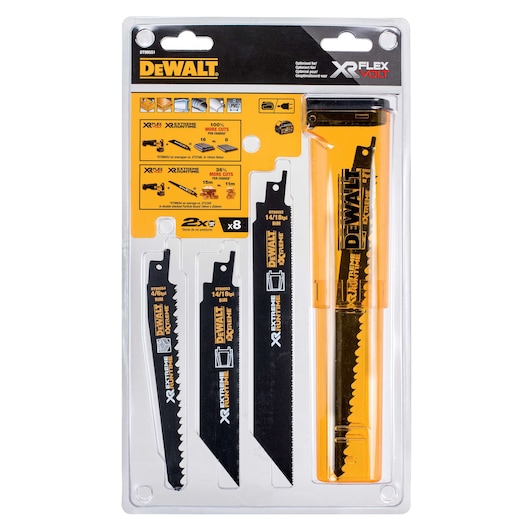 DEWALT XR FLEXVOLT set of reciprocating saw blades in packaging, includes 8 blades for various materials.
