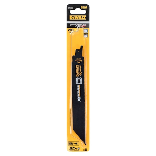 DEWALT DT99552 XR FLEX reciprocating saw blade in yellow-black packaging, 203mm, for metal cutting.