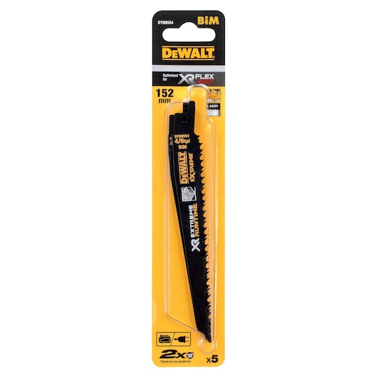 DEWALT DT99554 XR FlexVolt saw blade set, 152mm, extreme runtime, in yellow and black retail packaging.
