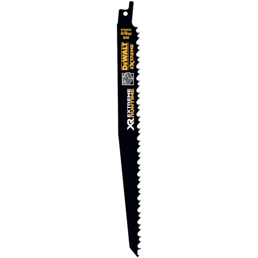 Black DEWALT DT99555 reciprocating saw blade with sharp teeth and product branding, used for cutting materials.