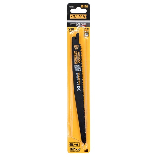 DEWALT DT99555 XR FLEXVOLT saw blade in yellow retail packaging, designed for extreme durability and fast cuts.