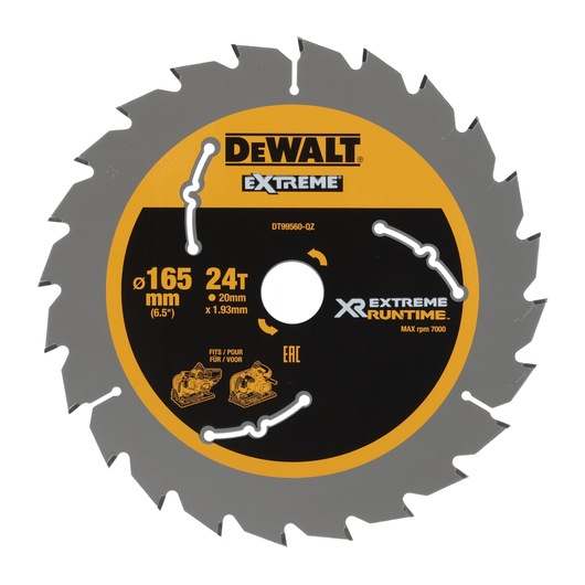 DEWALT DT99560 saw blade, 165mm, 24 teeth, for power tools, Extreme Runtime, circular shape, black and yellow.