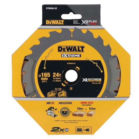 DEWALT DT99560 Extreme 165mm 24T circular saw blade in yellow and black packaging.