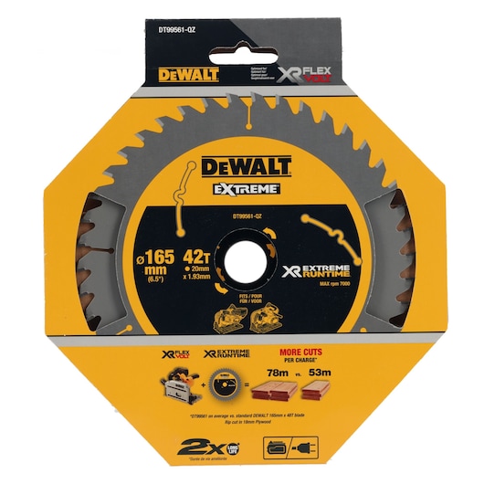 DEWALT DT99561 165mm circular saw blade in yellow packaging, labeled Extreme Runtime and XR Flexvolt.