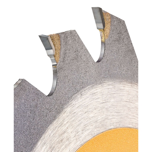 Close-up of DEWALT DT99562 saw blade teeth showing metal and yellow parts.