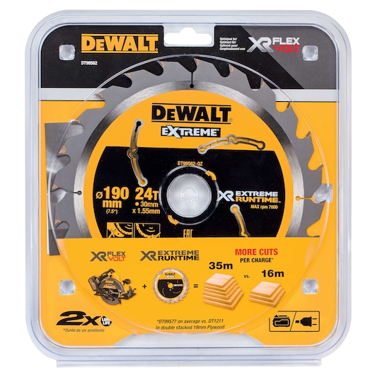 DEWALT DT99562 circular saw blade, 190mm, 24 teeth, in yellow packaging for XR FLEXVOLT systems.