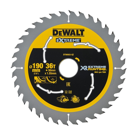 DEWALT Extreme 190mm 36T circular saw blade for wood, labeled DT99563, silver teeth and yellow-black center.
