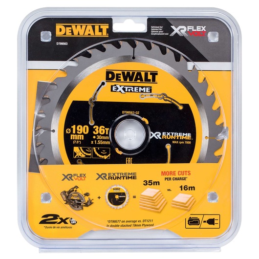 DEWALT DT99563 saw blade, 190mm diameter, 36 teeth, for XR Flexvolt. Packaged for extreme runtime and more cuts per charge.