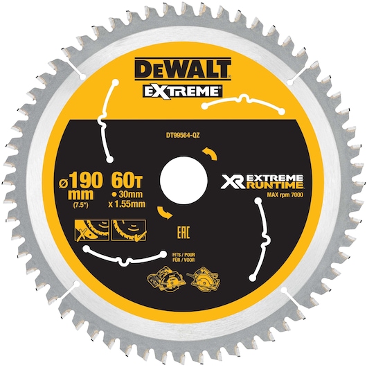 DEWALT DT99564 XR Extreme Runtime saw blade, 190 mm diameter, 60 teeth, for circular saws.