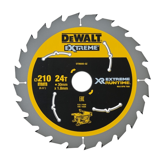 DEWALT DT99565 circular saw blade, 210mm diameter, 24 teeth, for woodworking, XR Extreme Runtime series.