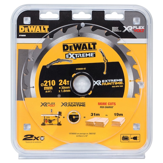 DEWALT DT99565 Extreme Runtime circular saw blade in packaging, 210mm diameter, 24 teeth for XR FLEXVOLT tools.