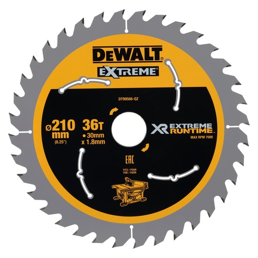 DEWALT Extreme circular saw blade, 210mm diameter, 36 teeth, 30mm bore, suitable for table saws, labeled XR Extreme Runtime, model DT99566.