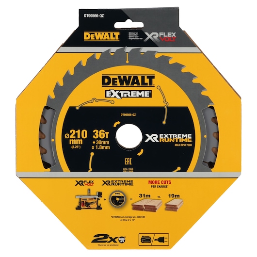 DEWALT Extreme saw blade, 210mm diameter, 36 teeth, XR FlexVolt, in yellow packaging.