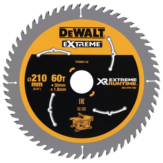 DEWALT DT99567 circular saw blade, 210mm, 60 teeth, for XR EXTREME RUNTIME, suitable for cutting wood.