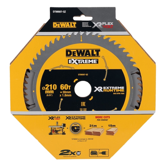 DEWALT Extreme XR FlexVolt circular saw blade, 210mm, 60 teeth, packaged in yellow and black display box.