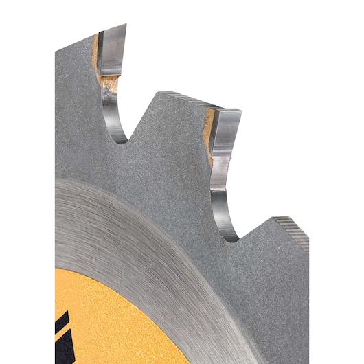 Close-up of a DEWALT DT99568 saw blade showing sharp metal teeth and part of the yellow center.