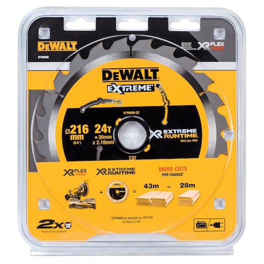 DEWALT DT99568 circular saw blade, 216mm, 24T, Extreme Runtime, in yellow and black packaging.