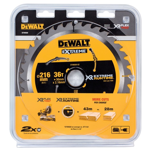 DEWALT DT99569 Extreme circular saw blade, 216mm, 36 teeth, for longer runtime and more cuts, in retail packaging.