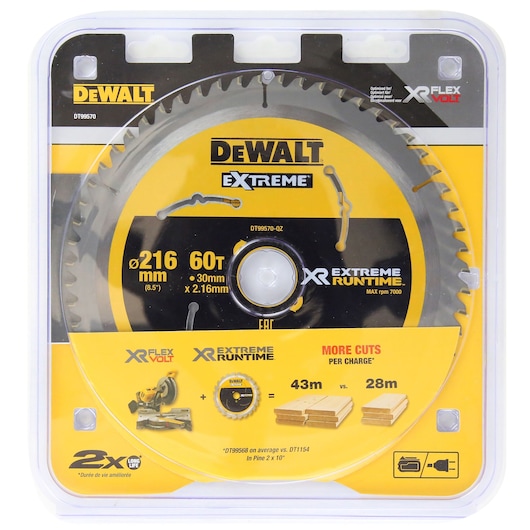 DEWALT DT99570 circular saw blade in a yellow package, features 60 teeth and 216 mm diameter for extreme runtime.
