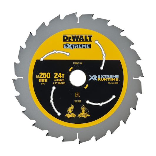 DEWALT DT99571 Extreme XR saw blade, 250mm, 24 teeth, for woodworking, yellow and black color.