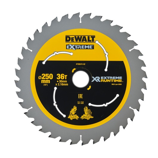 DEWALT Extreme XR circular saw blade, 250mm, 36 teeth, for cutting wood. Yellow and black with specs shown.