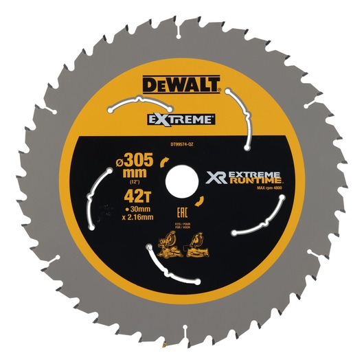 DEWALT DT99574 Extreme circular saw blade with 305mm diameter, 42 teeth, and XR Extreme Runtime branding. The blade is silver and black with yellow details, featuring specifications and compatibility icons for woodworking machines.